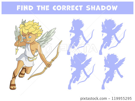Laughing cartoon character Cupid blond naughty boy draws the string of his bow, choosing a victim. Find the correct shadow game. Educational matching game for kids at a party or school readiness Laughing cartoon character Cupid blond naughty boy draws the string of his bow, choosing a victim. Find the correct shadow game. Educational matching game for kids at a party or school readiness 119955295