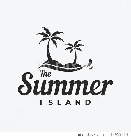 Beach summer vacation creative logo template with waves, palm trees and surf board symbols in retro style.Emblem,label, poster,badge. Beach summer vacation creative logo template with waves, palm trees and surf board symbols in retro style.Emblem,label, poster,badge. 119955364