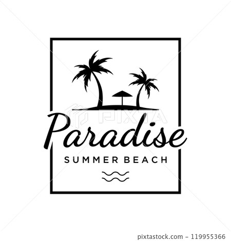 Beach summer vacation creative logo template with waves, palm trees and surf board symbols in retro style.Emblem,label, poster,badge. 119955366