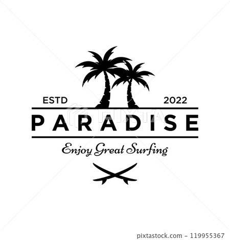 Beach summer vacation creative logo template with waves, palm trees and surf board symbols in retro style.Emblem,label, poster,badge. Beach summer vacation creative logo template with waves, palm trees and surf board symbols in retro style.Emblem,label, poster,badge. 119955367