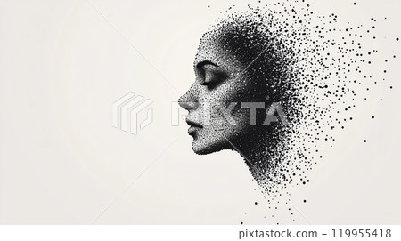 A woman head with dots covering her face and background. The concept of digital identity, technology, and the integration of human perception with data visualization. Generative AI. 119955418