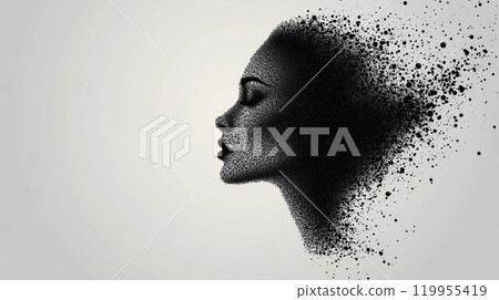 A woman head with dots covering her face and background. The concept of digital identity, technology, and the integration of human perception with data visualization. Generative AI. 119955419