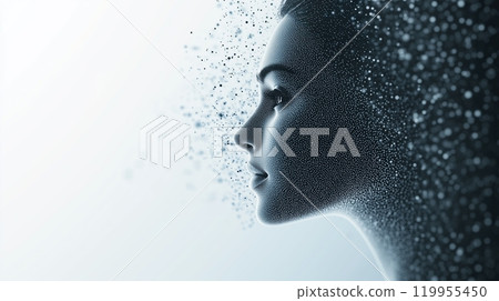 A woman head with dots covering her face and background. The concept of digital identity, technology, and the integration of human perception with data visualization. Generative AI. 119955450
