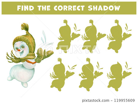 Find the correct shadow puzzle game. Cute character snowman child joyfully dances jumping on one leg and clapping his hands. Hand drawn illustration. Christmas or New Year celebration concept 119955609