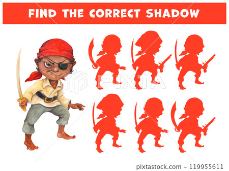 Pirate boy. Watercolor dark-skinned, barefoot pre-teen cartoon character in pirate clothing with saber. Find the shadow. Educational matching game for kids at pirate party or speak like a pirate day 119955611