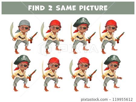 Find two same pictures of dark-skinned barefoot pre-teen pirate. Educational game for children with watercolor cartoon character in pirate clothing with saber. Leisure game for party or recreation Find two same pictures of dark-skinned barefoot pre-teen pirate. Educational game for children with watercolor cartoon character in pirate clothing with saber. Leisure game for party or recreation 119955612