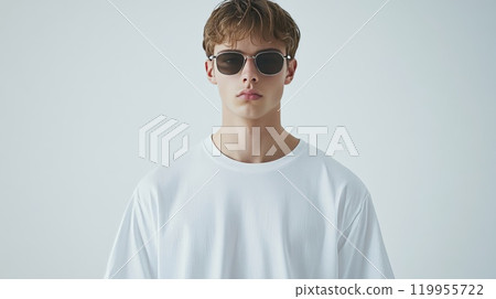 一個穿著樸素T卹、戴著墨鏡的男人 一個穿著樸素T卹、戴著墨鏡的男人 119955722