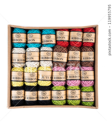 Set of multi-colored jute ribbon for gift wrapping, hobbies and handicrafts Set of multi-colored jute ribbon for gift wrapping, hobbies and handicrafts 119955795