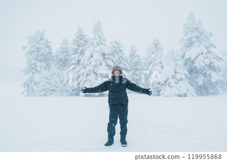 man tourist sightseeing Snow monster in Winter day at Mount Zao, Yamagata prefecture, Japan. Happy Traveler walking on powder snow covered in frosty weather. Travel, Adventure and Vacation man tourist sightseeing Snow monster in Winter day at Mount Zao, Yamagata prefecture, Japan. Happy Traveler walking on powder snow covered in frosty weather. Travel, Adventure and Vacation 119955868