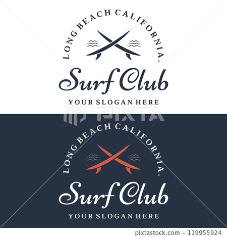 Vintage surfboard Logo template,surfing on a summer beach.For business,badge,holiday, ,label,emblem. 119955924