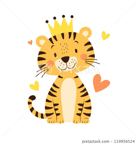 Cute Adorable Baby Tiger Animal Cartoon Character Wearing King Crown with Happy Expression 119956524