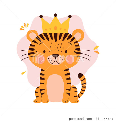 Cute Adorable Tiger Animal Cartoon Character Wearing King Crown in the Jungle 119956525