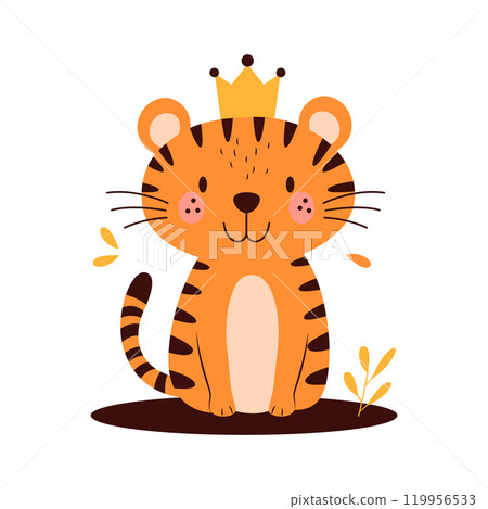 Cute Adorable Baby Tiger Animal Cartoon Character Wearing King Crown with Happy Expression Cute Adorable Baby Tiger Animal Cartoon Character Wearing King Crown with Happy Expression 119956533