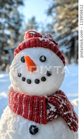 Close-up of smiling snowman with carrot nose, coal eyes, knitted red hat and scarf. Vertical banner 119956612
