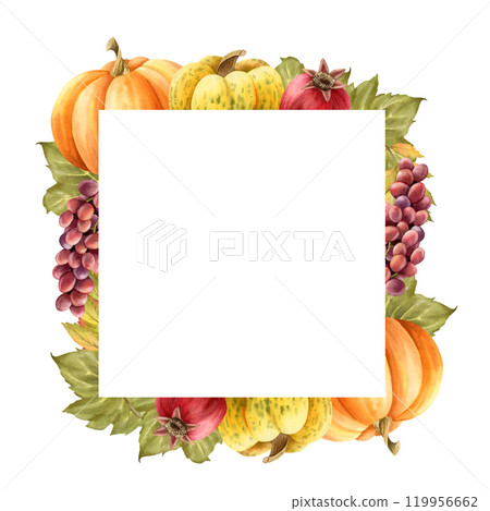 Watercolor fall pumpkin square frame with cope space. Ripe vegetable and fruits harvest isolated illustration with grapes and pomegranate for Thanksgiving Day. Farm gourds template for autumn 119956662