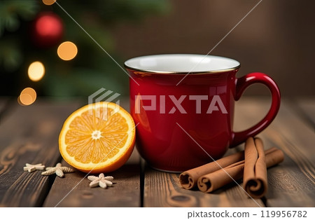 Marshmallow in red Christmas cup, Christmas atmosphere background with Christmas decorations and Christmas lights bokeh 119956782