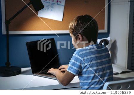 caucasian little boy studying at home typing on laptop 119956829