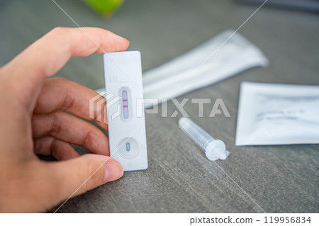 Rapid Antigen Test kit with with Positive result during swab COVID-19 testing. Coronavirus Self nasal or Home test, Autumn exacerbation of viruses 119956834