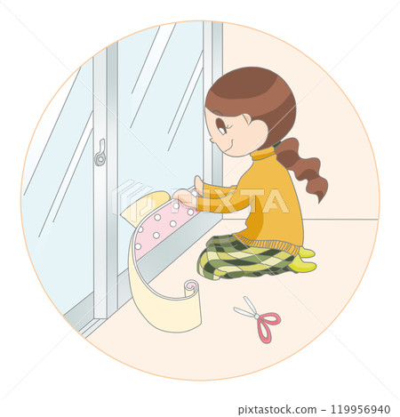 A woman applying anti-condensation sheet to a window A woman applying anti-condensation sheet to a window 119956940