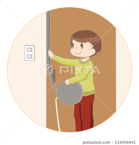 Man putting tape on door 119956942