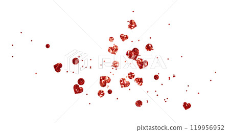 Scattered red glitter confetti and hearts isolated on white 119956952
