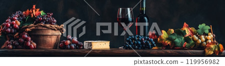 Ultra-realistic autumn still life with wine, grapes, and cheese Ultra-realistic autumn still life with wine, grapes, and cheese 119956982