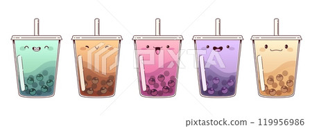 Bubble tea drinks with kawaii face expressions. 119956986
