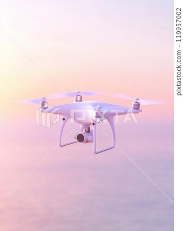 Drone hovering in mid-air with soft sky background capturing aerial serenity Drone hovering in mid-air with soft sky background capturing aerial serenity 119957002