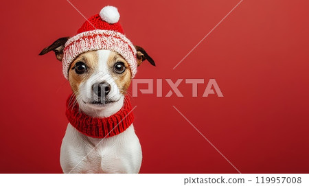 Dog wearing a Santa Claus hat 119957008