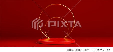 Luxury display with red platform and golden circle Luxury display with red platform and golden circle 119957036