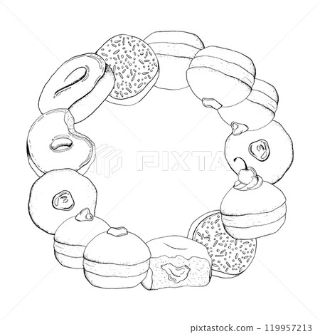Black and white donuts with various toppings round wreath template for Jewish Hanukkah holiday. Ink vector illustration with copy space for sweet food coloring. Hand drawn sufganiyot doughnuts 119957213
