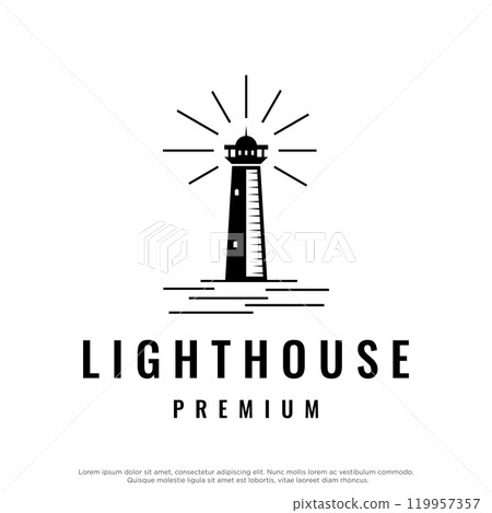 Sea lighthouse tower building creative Logo design with spotlights vintage vector template. Sea lighthouse tower building creative Logo design with spotlights vintage vector template. 119957357