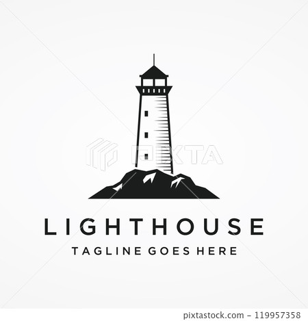 Sea lighthouse tower building creative Logo design with spotlights vintage vector template. Sea lighthouse tower building creative Logo design with spotlights vintage vector template. 119957358