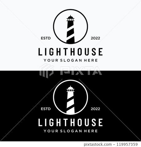 Sea lighthouse tower building creative Logo design with spotlights vintage vector template. 119957359