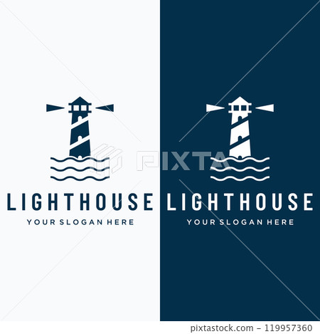 Sea lighthouse tower building creative Logo design with spotlights vintage vector template. 119957360
