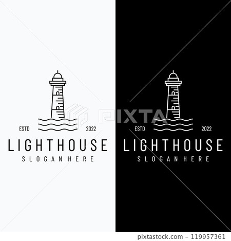 Sea lighthouse tower building creative Logo design with spotlights vintage vector template. Sea lighthouse tower building creative Logo design with spotlights vintage vector template. 119957361