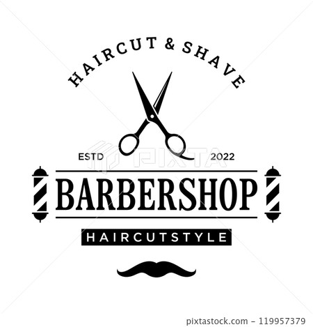 Barbershop Logo template in vintage style with the concept of scissors, razor and other tools.Logo for business, salon, label and barbershop. Barbershop Logo template in vintage style with the concept of scissors, razor and other tools.Logo for business, salon, label and barbershop. 119957379