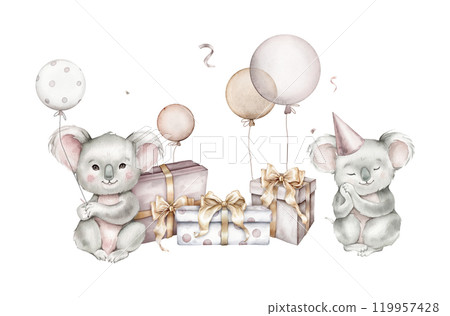 Watercolor koalas and balloons and set gifts with bow on isolated background. Hand drawn illustration for greeting cards stack of gift boxes for birthday pastel colors. Australian animal isolated 119957428