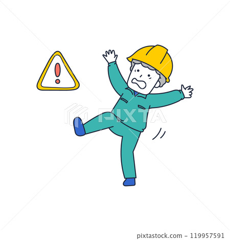 一名穿著工作服的老人失去平衡，差點跌倒。 119957591