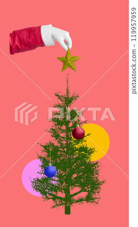 Santa claus hand put yellow star on top of christmas tree with christmas ball on colored background Santa claus hand put yellow star on top of christmas tree with christmas ball on colored background 119957959