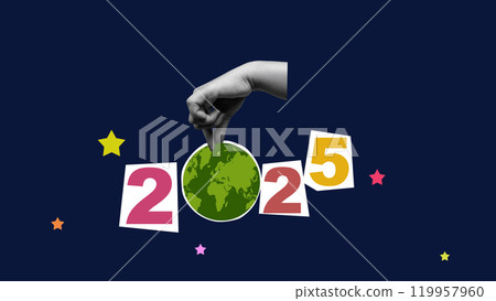 Human hand holding globe with number of 2025 with colored background Human hand holding globe with number of 2025 with colored background 119957960