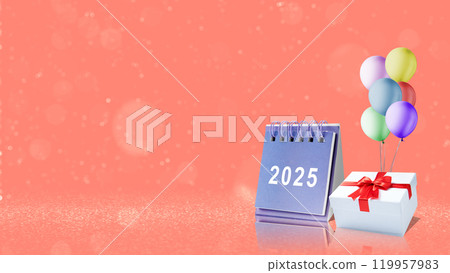 Calendar or Note pad with number 2025 and gift box with abstract bokeh lights background Calendar or Note pad with number 2025 and gift box with abstract bokeh lights background 119957983