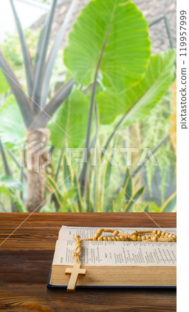 Opened book of Holy Bible with rosary beads. Symbol of faith and worship in God Opened book of Holy Bible with rosary beads. Symbol of faith and worship in God 119957999