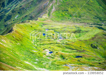 Expansive green meadows dotted with shimmering ponds characterize the serene landscape of the Western Tatras in Slovakia, showcasing nature's beauty in the tranquil daylight. Expansive green meadows dotted with shimmering ponds characterize the serene landscape of the Western Tatras in Slovakia, showcasing nature's beauty in the tranquil daylight. 119958052