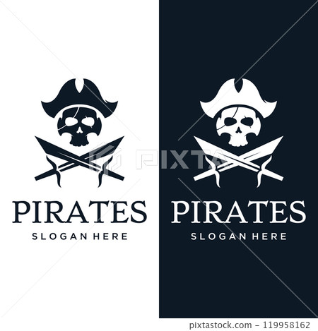 Pirate silhouette logo template design with crossed swords, skull and bones.Vector illustration. Pirate silhouette logo template design with crossed swords, skull and bones.Vector illustration. 119958162