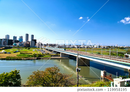 Mount Fuji and the Tokyu Toyoko and Meguro lines crossing the Tama River Bridge 119958195