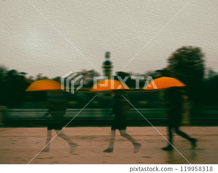 Artistic photo with oil paint effect with silhouette of a person under an orange umbrella walking along a road in autumnal park in rainy gloomy day. 119958318