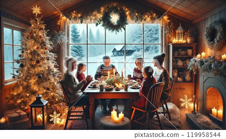A snowy Christmas morning with a family gathered together enjoying Christmas breakfast 119958544