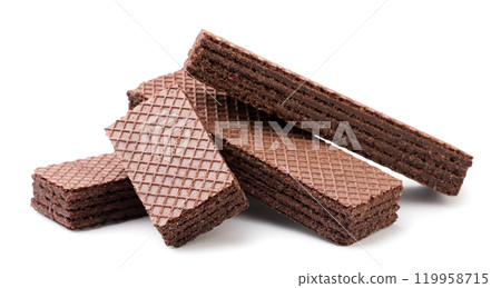 Pile of chocolate wafers and a half close-up on a white background. Isolated 119958715