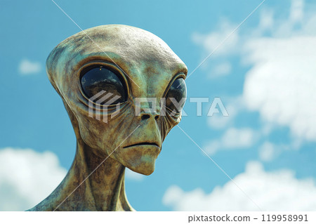 Extraterrestrial being with large eyes under blue sky. Alien portrait 119958991